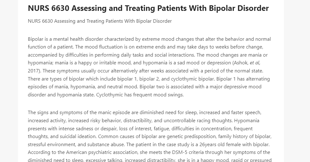 NURS 6630 Assessing and Treating Patients With Bipolar Disorder