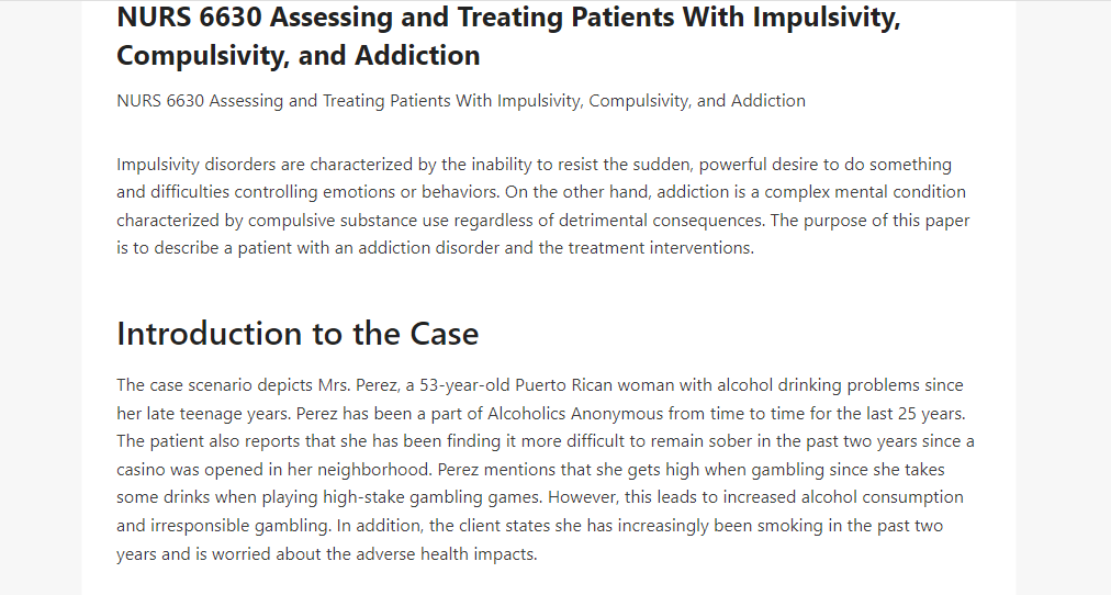 NURS 6630 Assessing and Treating Patients With Impulsivity, Compulsivity, and Addiction 