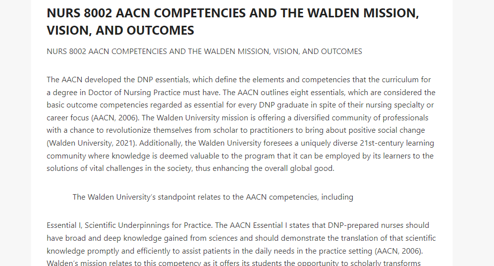 NURS 8002 AACN COMPETENCIES AND THE WALDEN MISSION, VISION, AND OUTCOMES