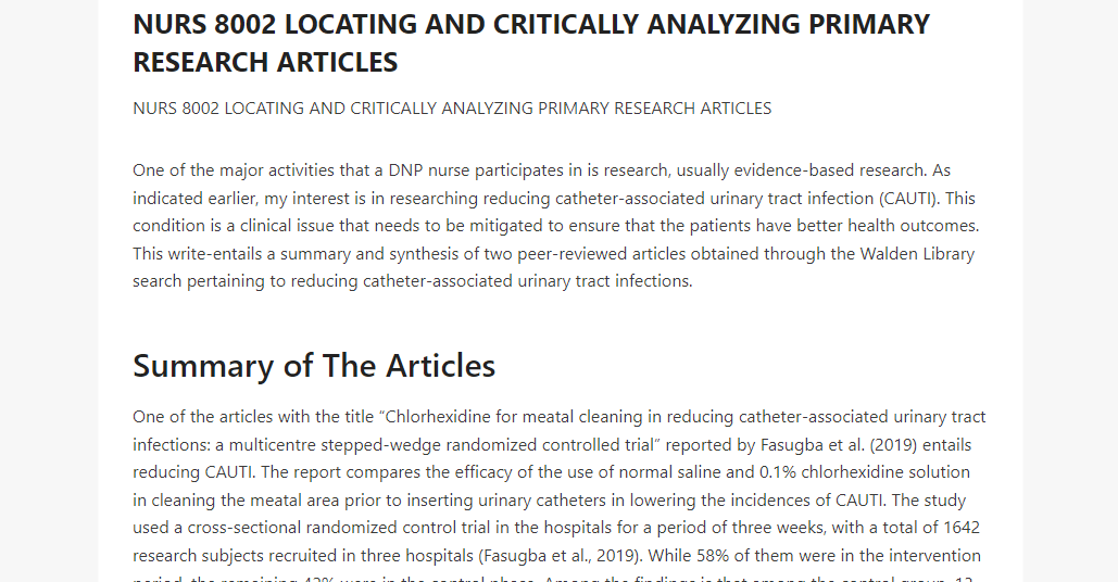 NURS 8002 LOCATING AND CRITICALLY ANALYZING PRIMARY RESEARCH ARTICLES