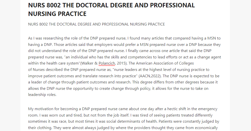 NURS 8002 THE DOCTORAL DEGREE AND PROFESSIONAL NURSING PRACTICE