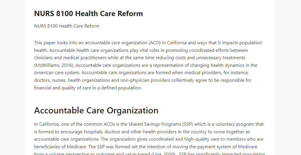 NURS 8100 Health Care Reform