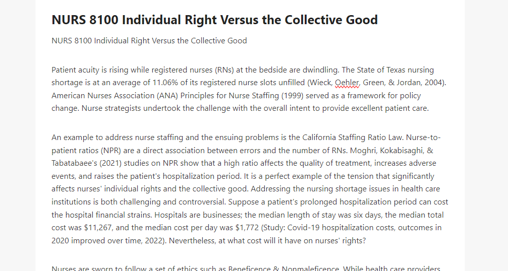 NURS 8100 Individual Right Versus the Collective Good