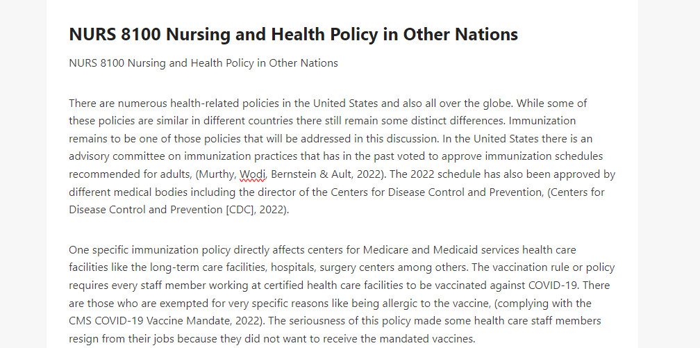 NURS 8100 Nursing and Health Policy in Other Nations