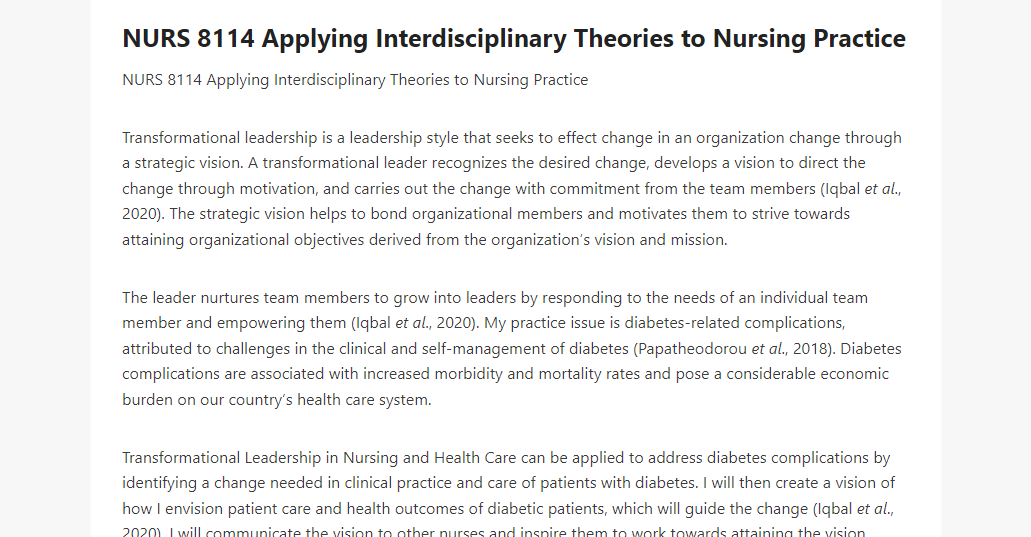 NURS 8114 Applying Interdisciplinary Theories to Nursing Practice