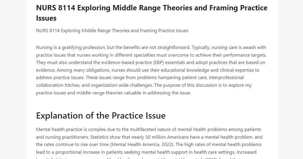 NURS 8114 Exploring Middle Range Theories and Framing Practice Issues