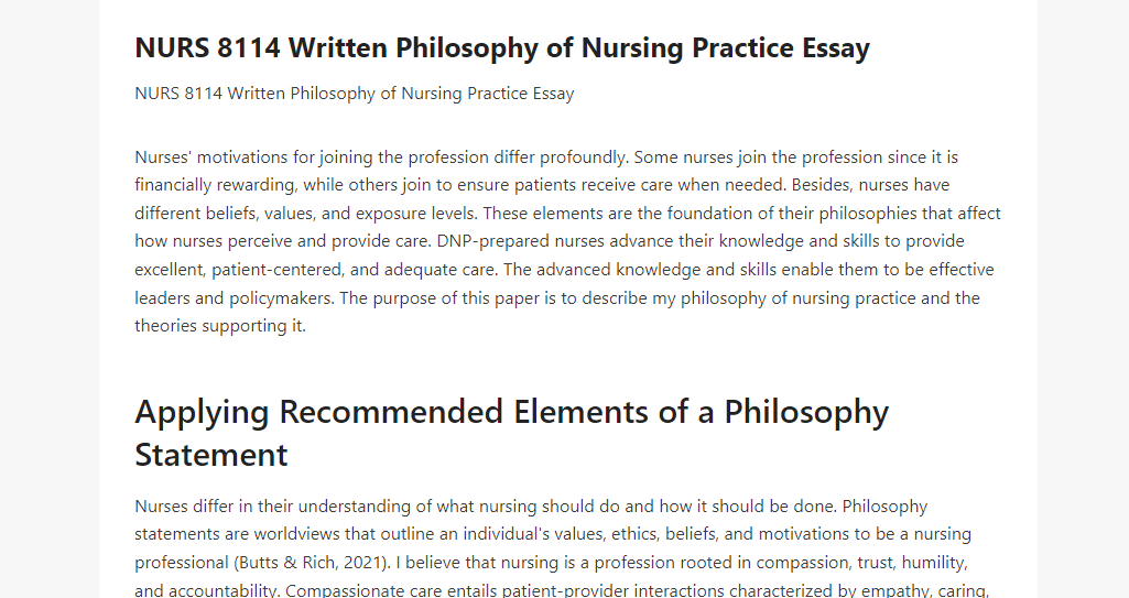 NURS 8114 Written Philosophy of Nursing Practice Essay