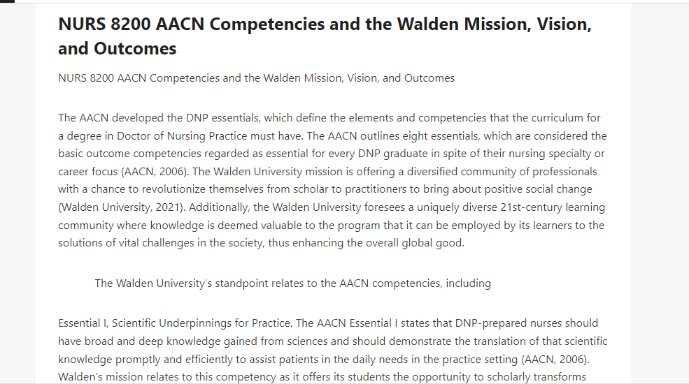 NURS 8200 AACN Competencies and the Walden Mission, Vision, and Outcomes
