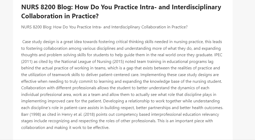 NURS 8200 Blog How Do You Practice Intra- and Interdisciplinary Collaboration in Practice