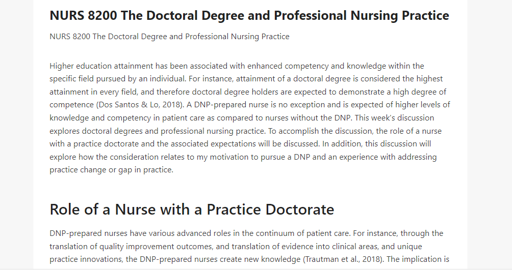 NURS 8200 The Doctoral Degree and Professional Nursing Practice