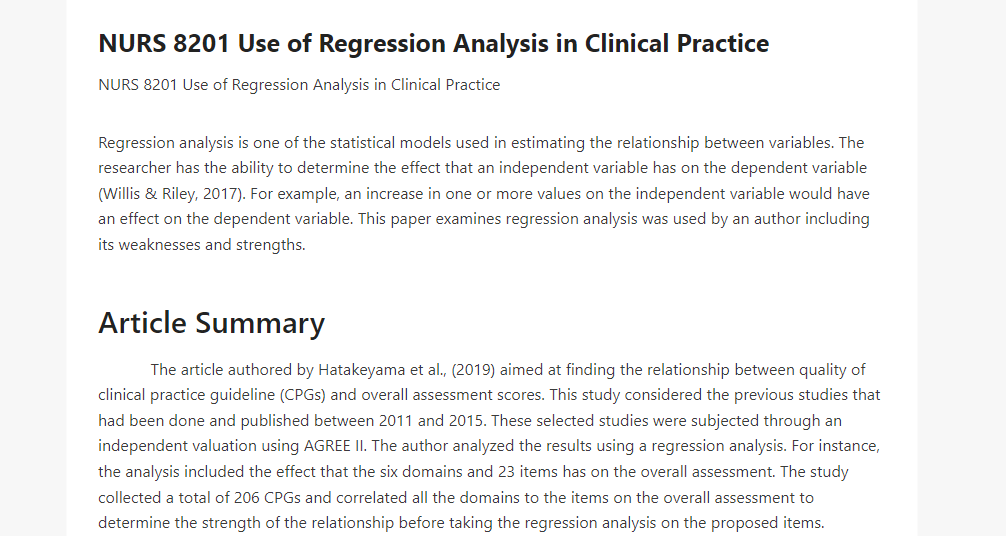 NURS 8201 Use of Regression Analysis in Clinical Practice