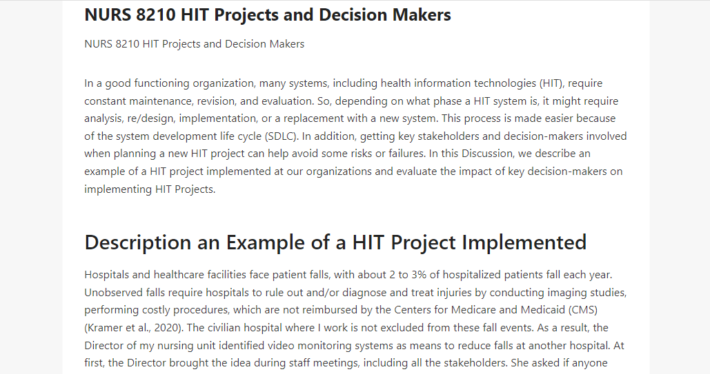 NURS 8210 HIT Projects and Decision Makers