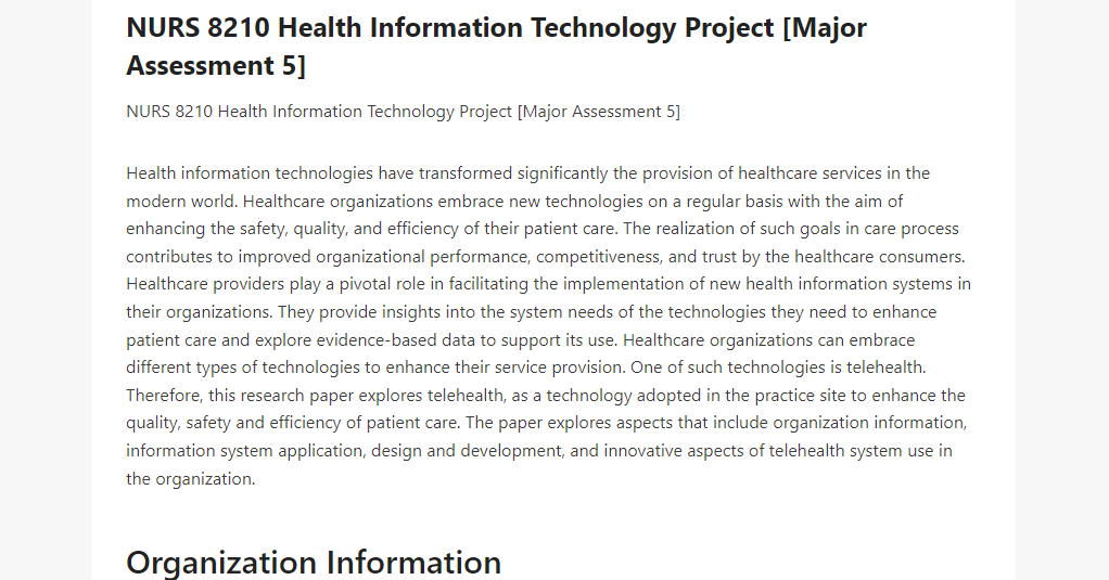 NURS 8210 Health Information Technology Project [Major Assessment 5]