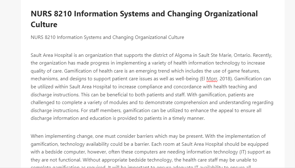 NURS 8210 Information Systems and Changing Organizational Culture