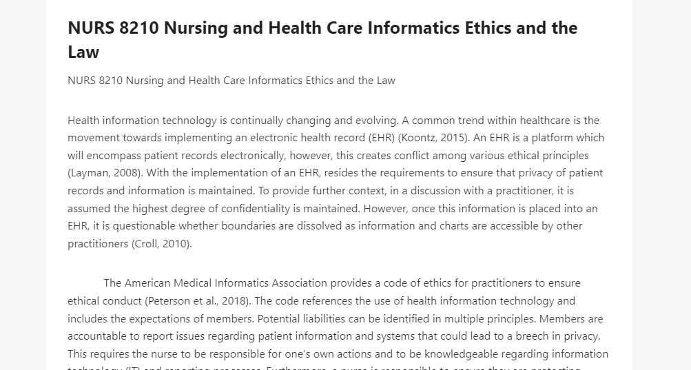 NURS 8210 Nursing and Health Care Informatics Ethics and the Law