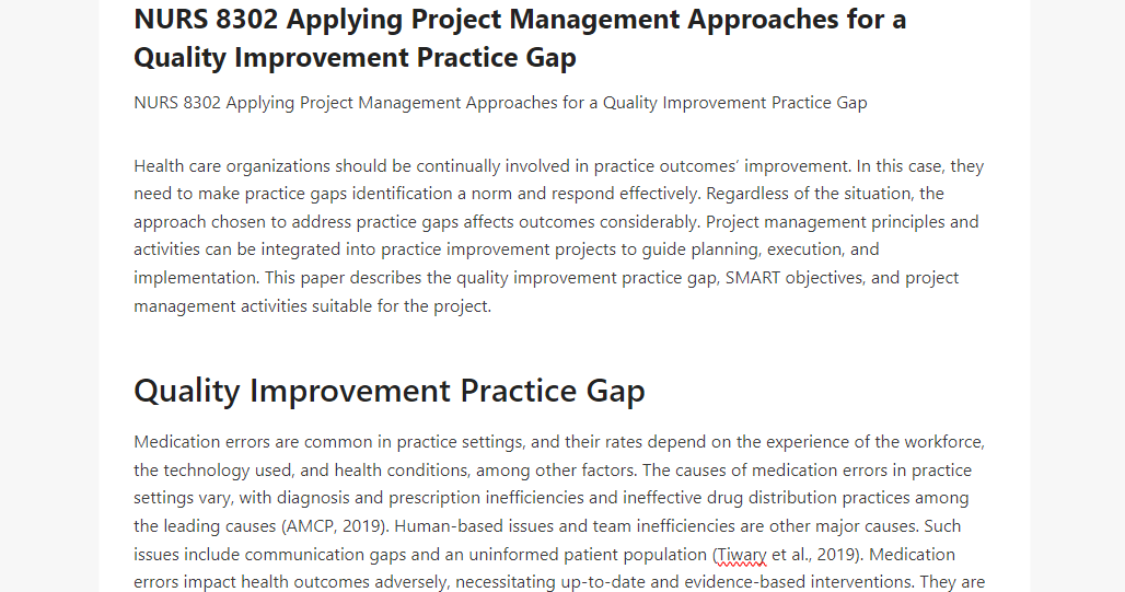 NURS 8302 Applying Project Management Approaches for a Quality Improvement Practice Gap