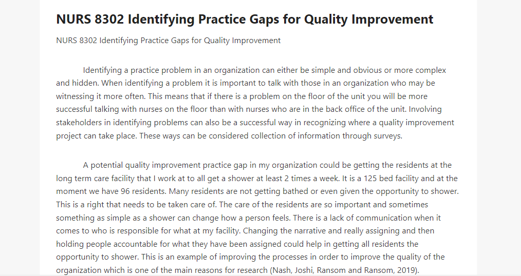 NURS 8302 Identifying Practice Gaps for Quality Improvement