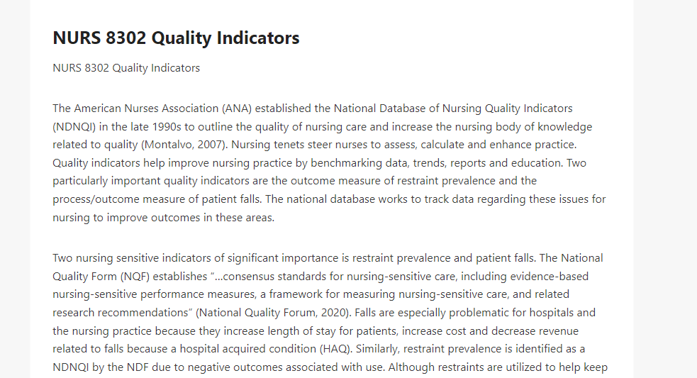 NURS 8302 Quality Indicators