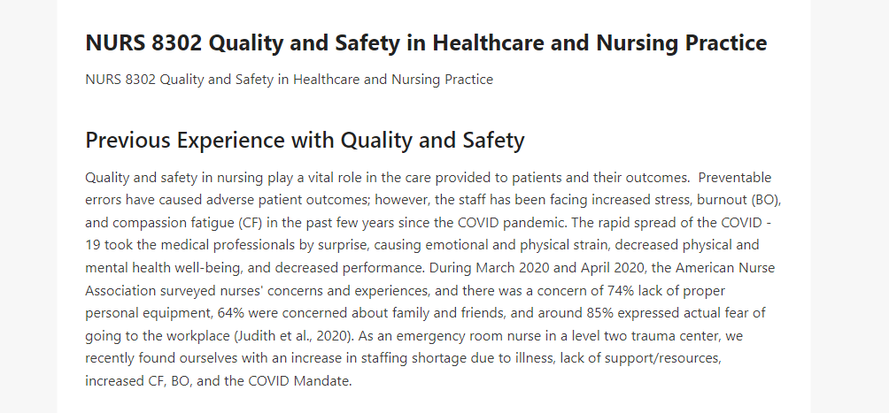 NURS 8302 Quality and Safety in Healthcare and Nursing Practice
