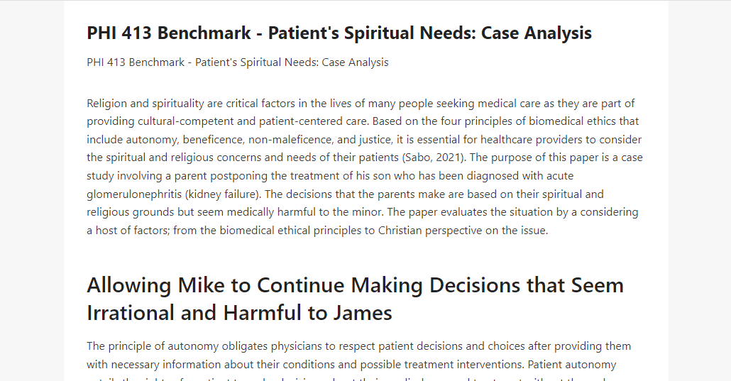 PHI 413 Benchmark - Patient's Spiritual Needs Case Analysis