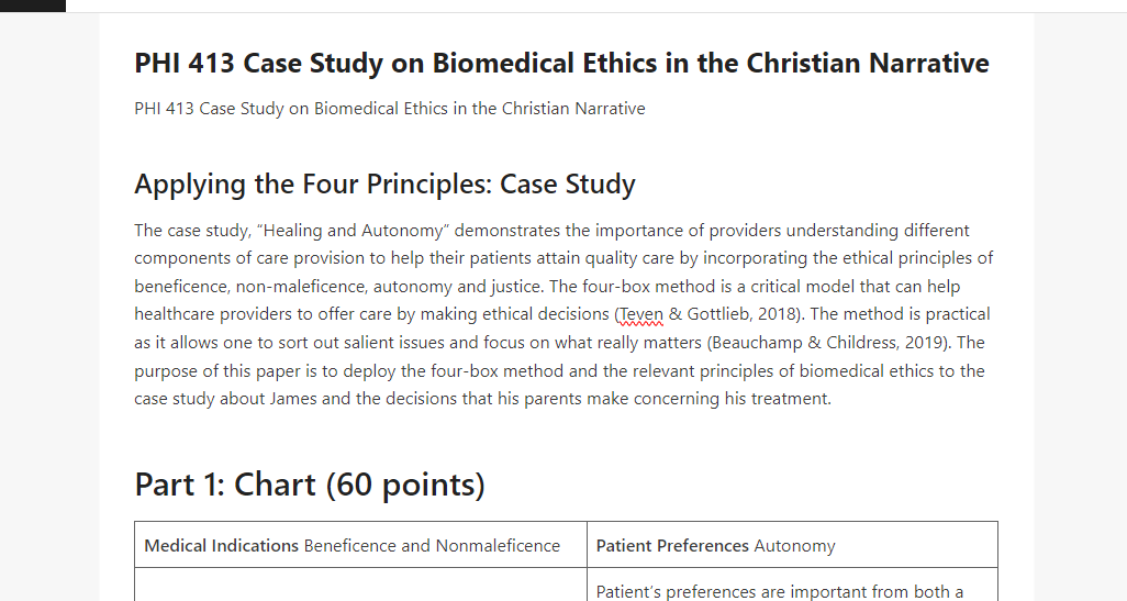 PHI 413 Case Study on Biomedical Ethics in the Christian Narrative