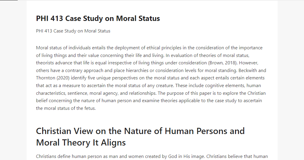 PHI 413 Case Study on Moral Status