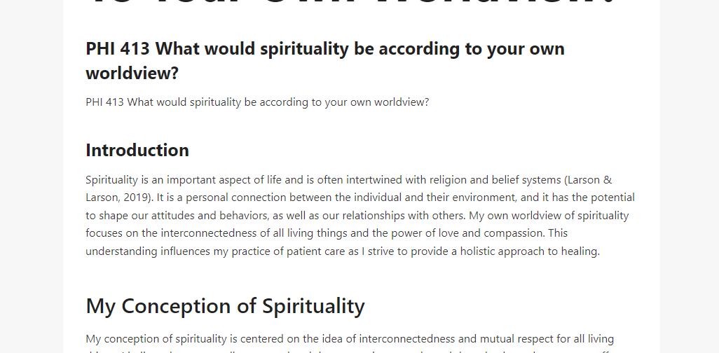 PHI 413 What would spirituality be according to your own worldview