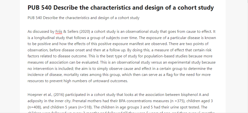 PUB 540 Describe the characteristics and design of a cohort study