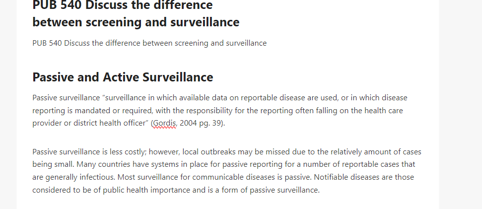PUB 540 Discuss the difference between screening and surveillance