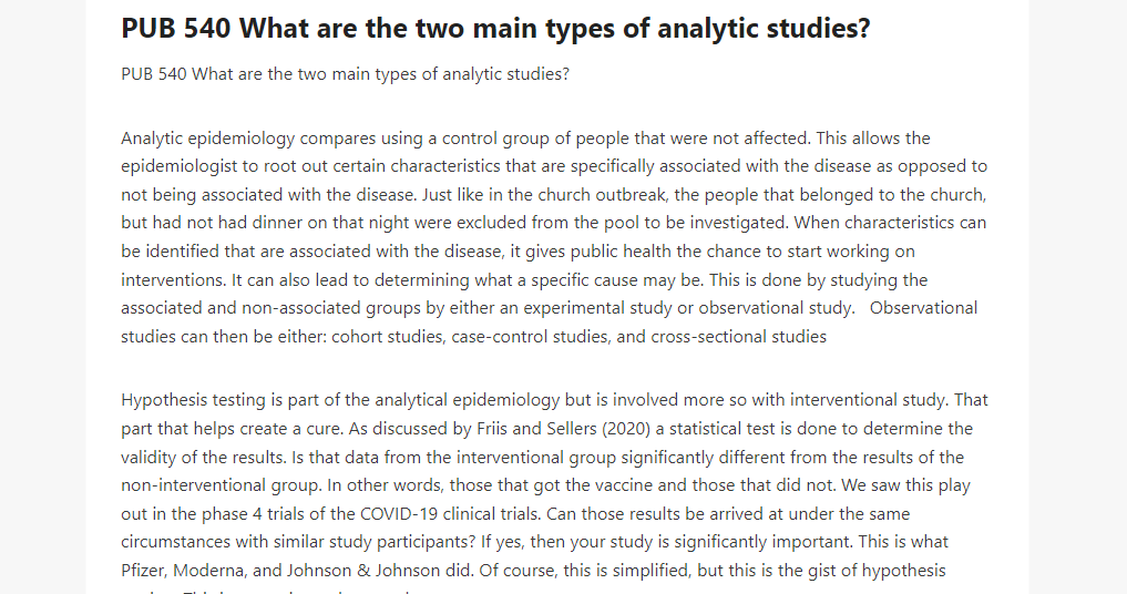 PUB 540 What are the two main types of analytic studies