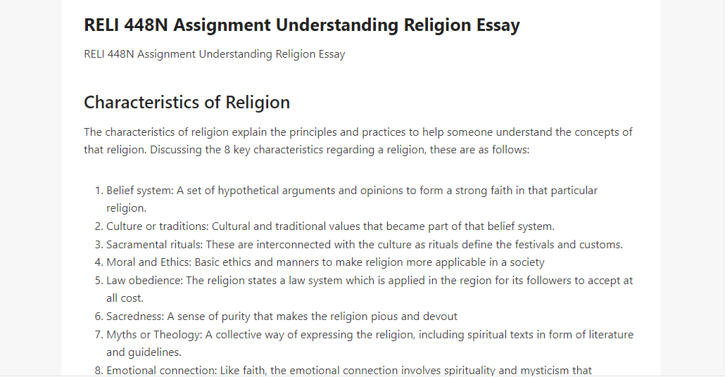 RELI 448N Assignment Understanding Religion Essay