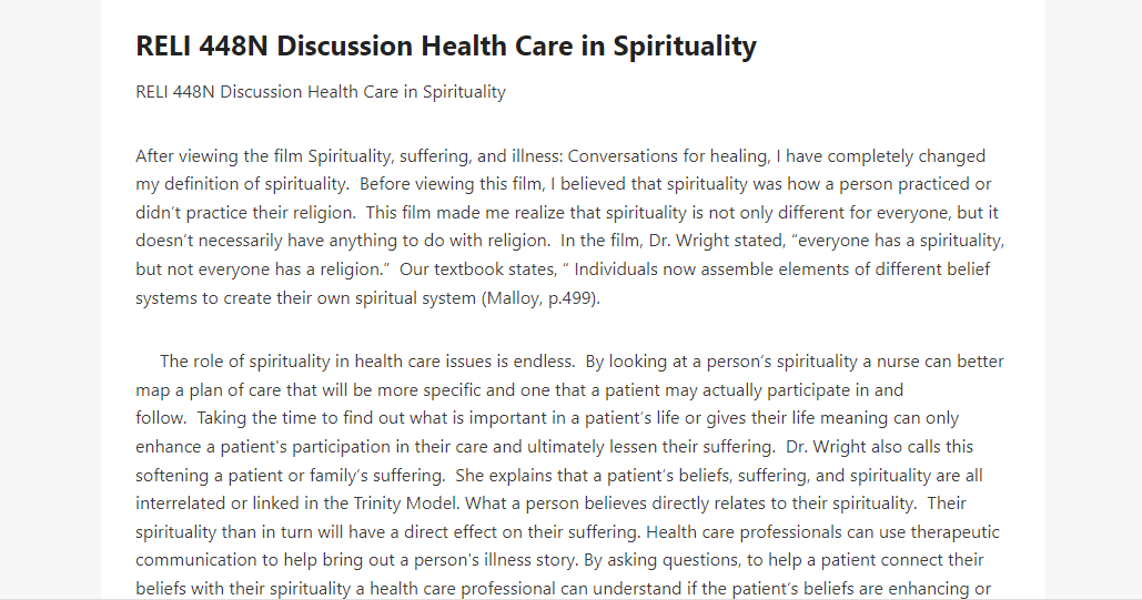 RELI 448N Discussion Health Care in Spirituality 
