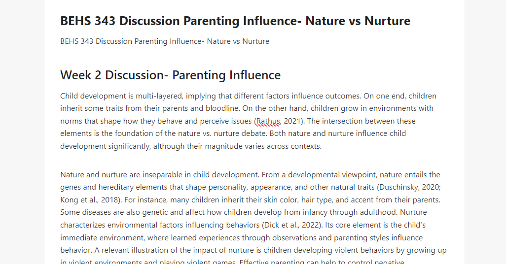BEHS 343 Discussion Parenting Influence- Nature vs Nurture