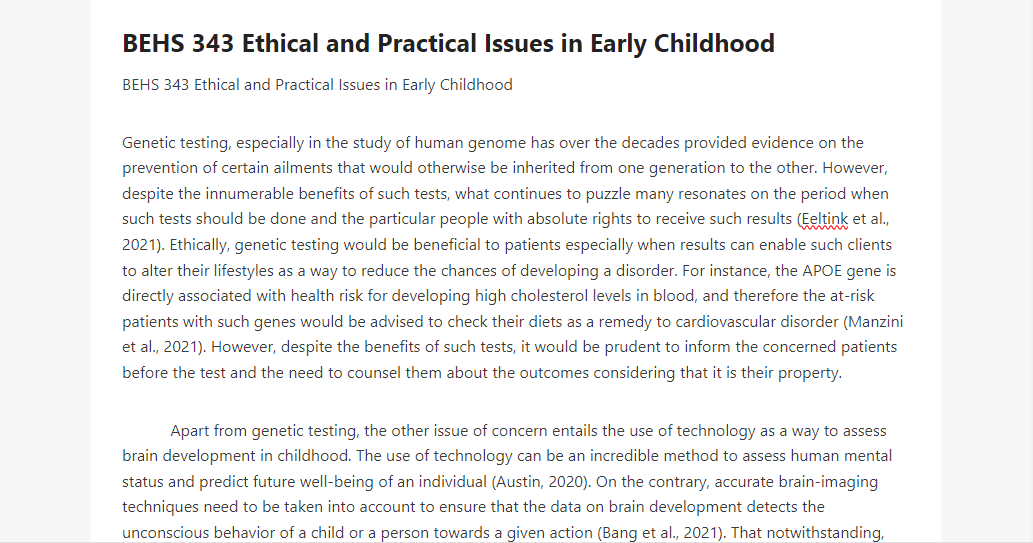 BEHS 343 Ethical and Practical Issues in Early Childhood 
