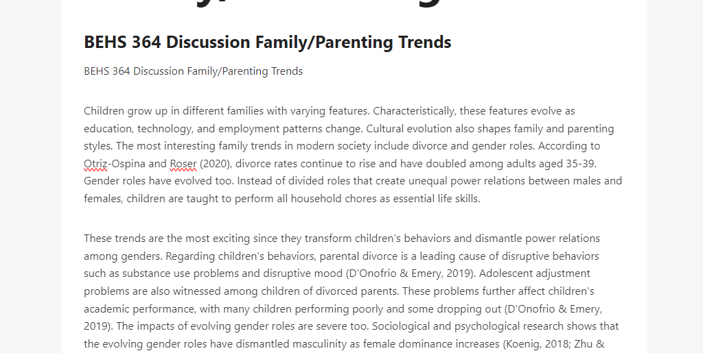 BEHS 364 Discussion Family Parenting Trends 