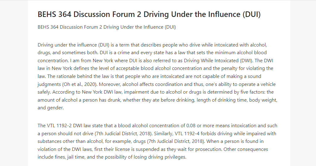 BEHS 364 Discussion Forum 2 Driving Under the Influence (DUI)
