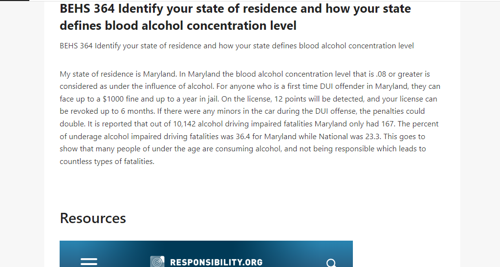 BEHS 364 Identify your state of residence and how your state defines blood alcohol concentration level