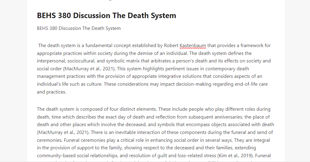 BEHS 380 Discussion The Death System