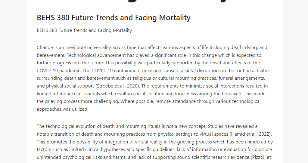BEHS 380 Future Trends and Facing Mortality