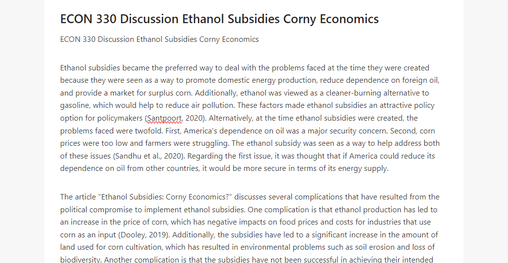 ECON 330 Discussion Ethanol Subsidies Corny Economics