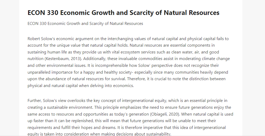 ECON 330 Economic Growth and Scarcity of Natural Resources