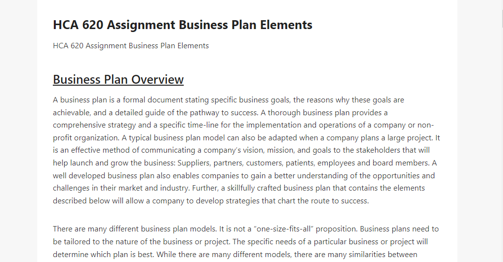 HCA 620 Assignment Business Plan Elements