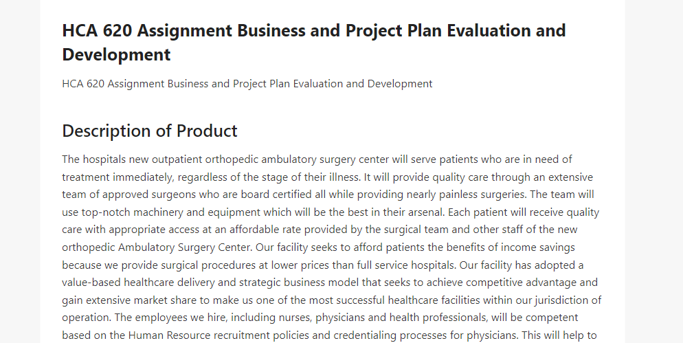 HCA 620 Assignment Business and Project Plan Evaluation and Development