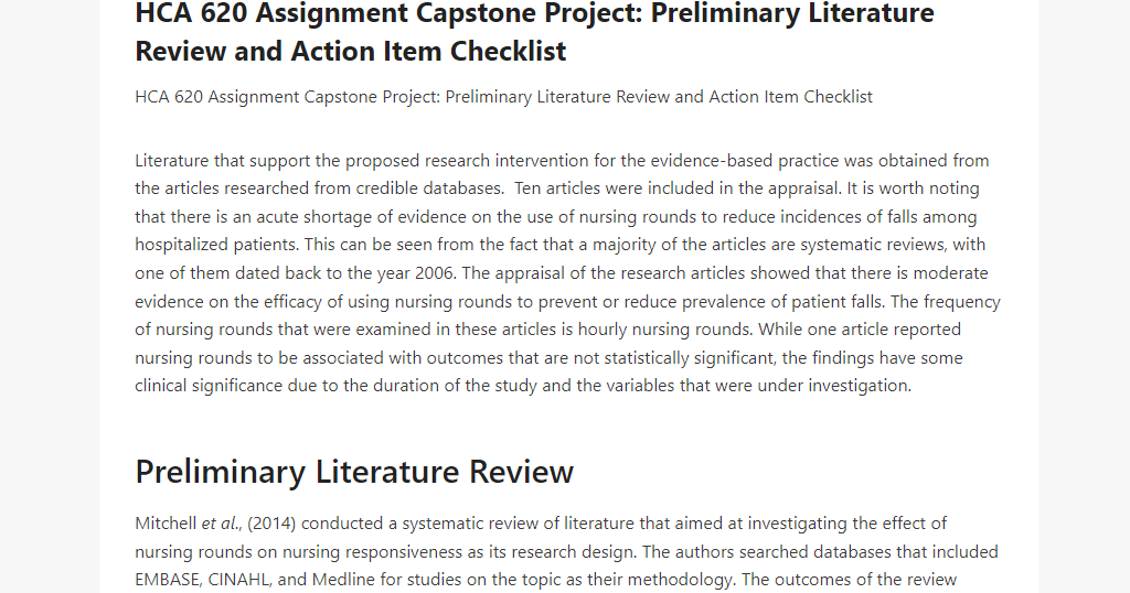 HCA 620 Assignment Capstone Project Preliminary Literature Review and Action Item Checklist 