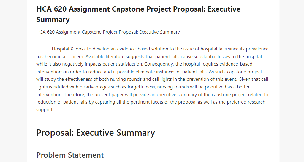 HCA 620 Assignment Capstone Project Proposal Executive Summary