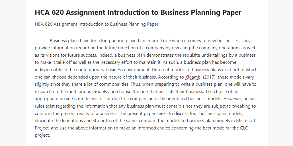 HCA 620 Assignment Introduction to Business Planning Paper