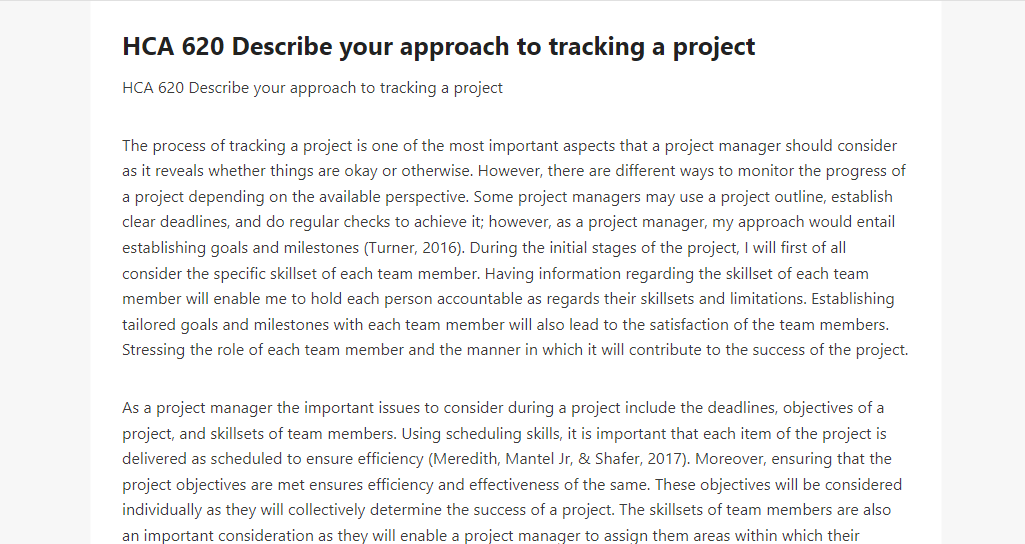 HCA 620 Describe your approach to tracking a project