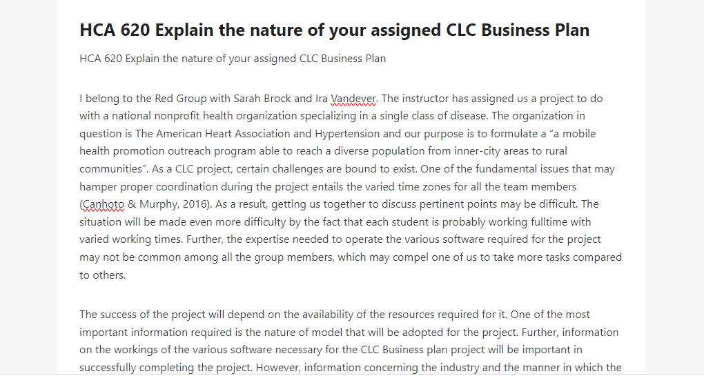 HCA 620 Explain the nature of your assigned CLC Business Plan