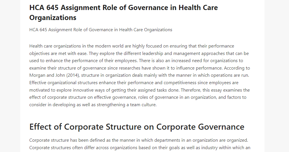 HCA 645 Assignment Role of Governance in Health Care Organizations