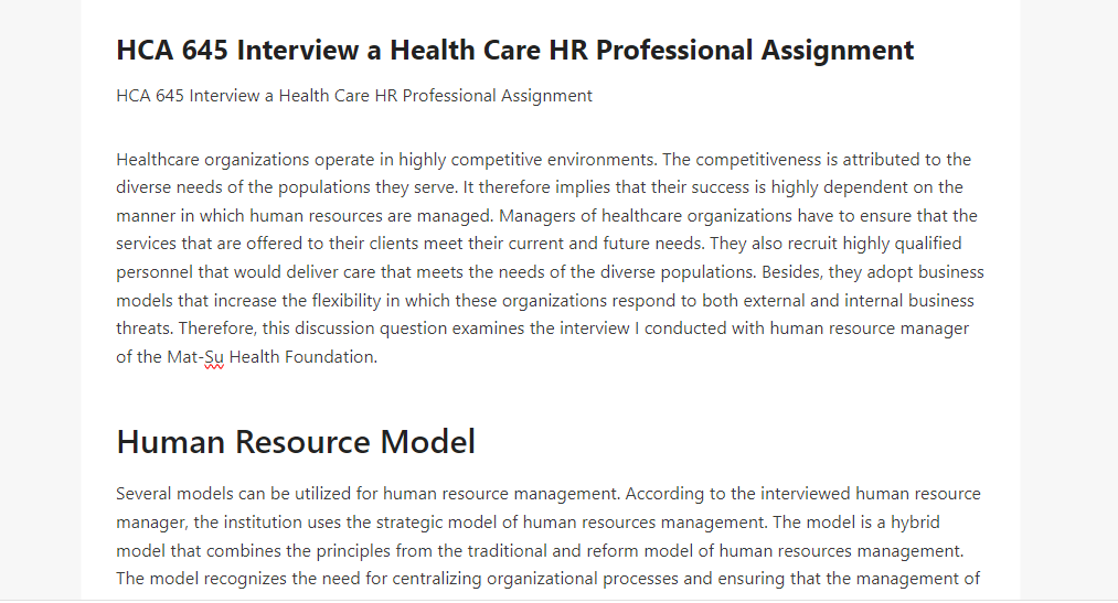 HCA 645 Interview a Health Care HR Professional Assignment